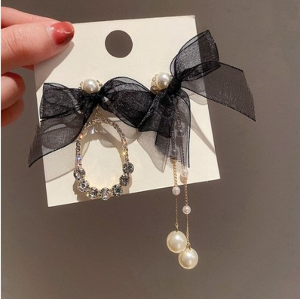 S925 Asymmetrical Ribbon Bow Stud Earring Set